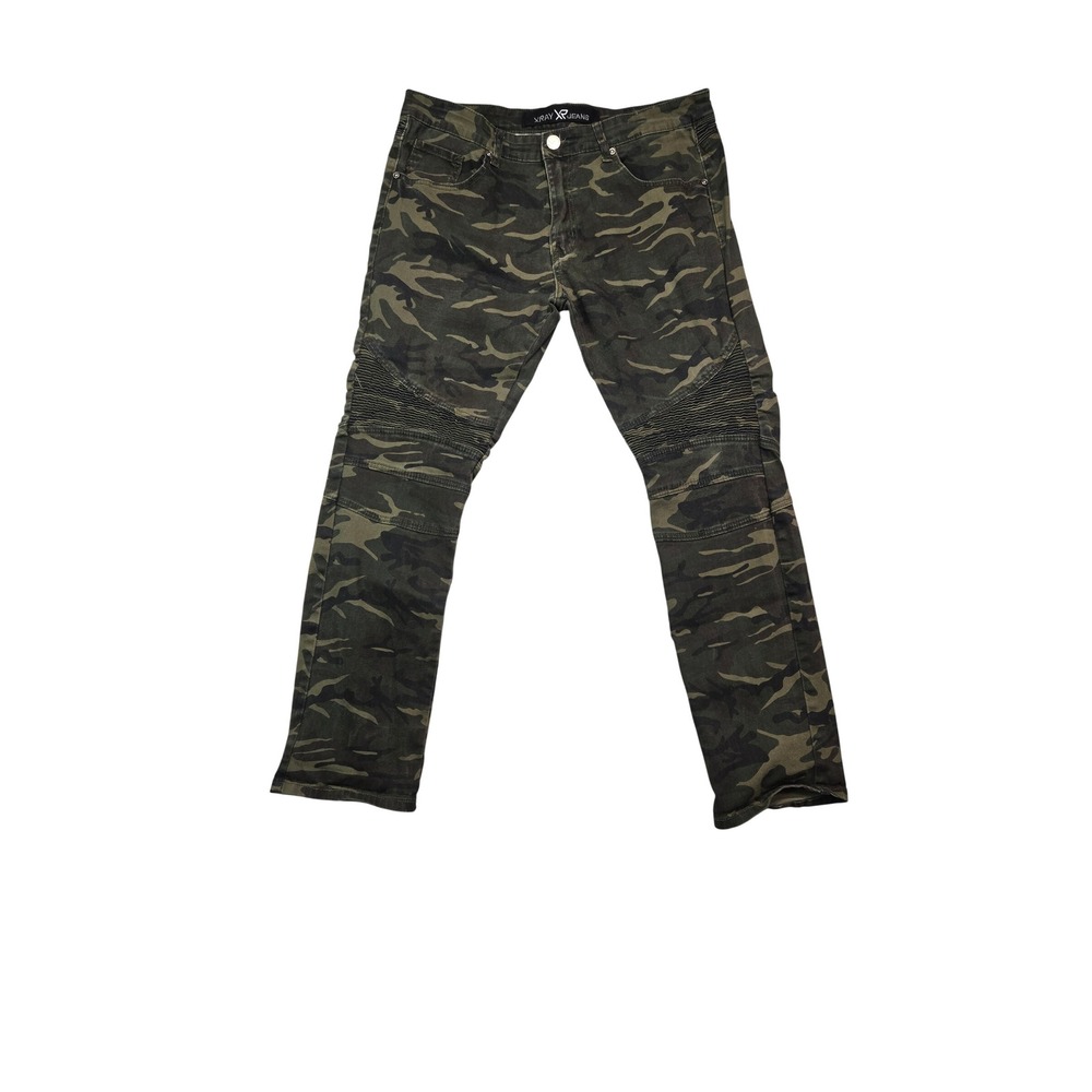 XRAY Jeans Moto Biker Pants Mens 36 Green Camo Ribbed Knee Slim Fit Grunge